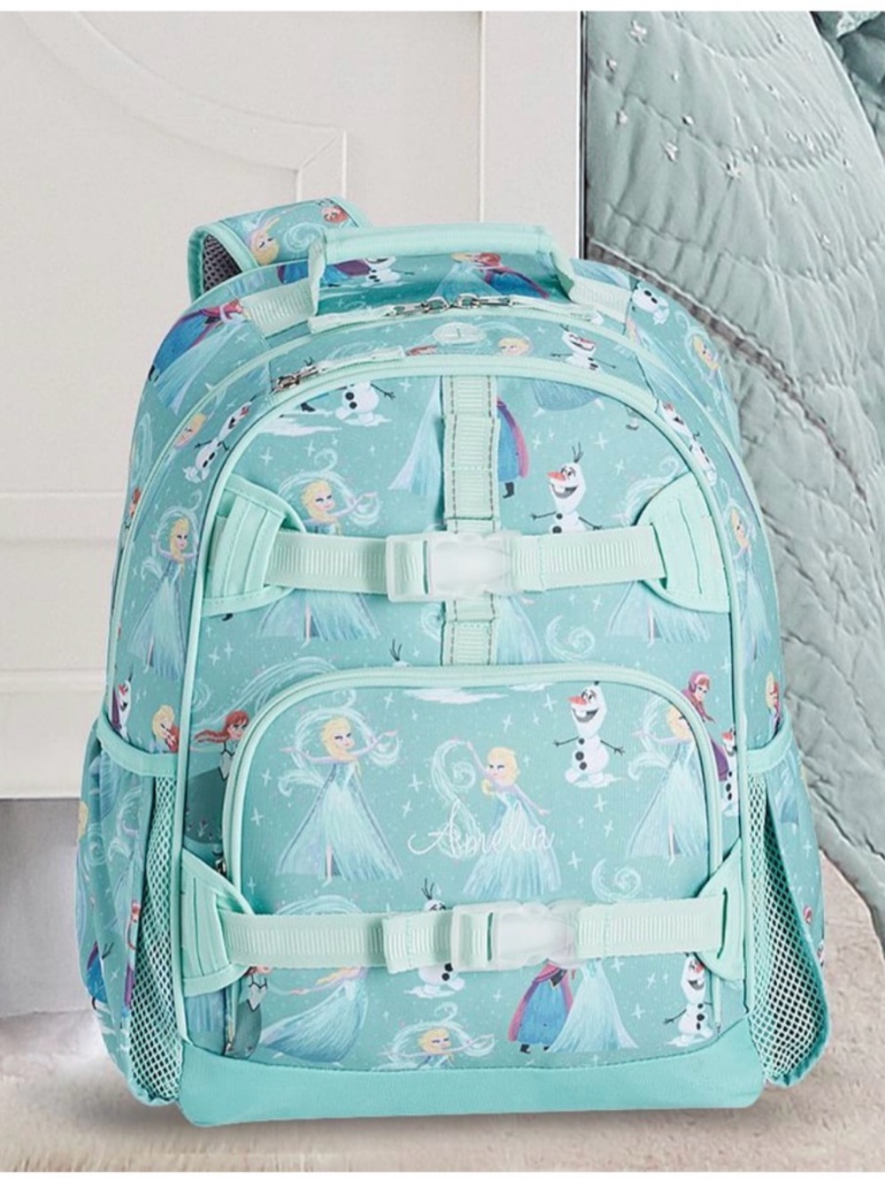 Disney Mint Blue Frozen Character Kids Backpack Large embroidered name Isabella - Picture 2 of 15